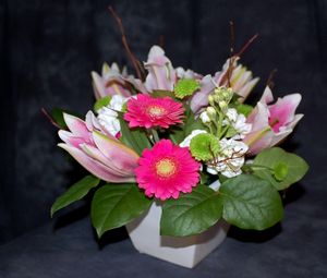 Preview wallpaper gerbera, flowers, buds, flower, vase, composition