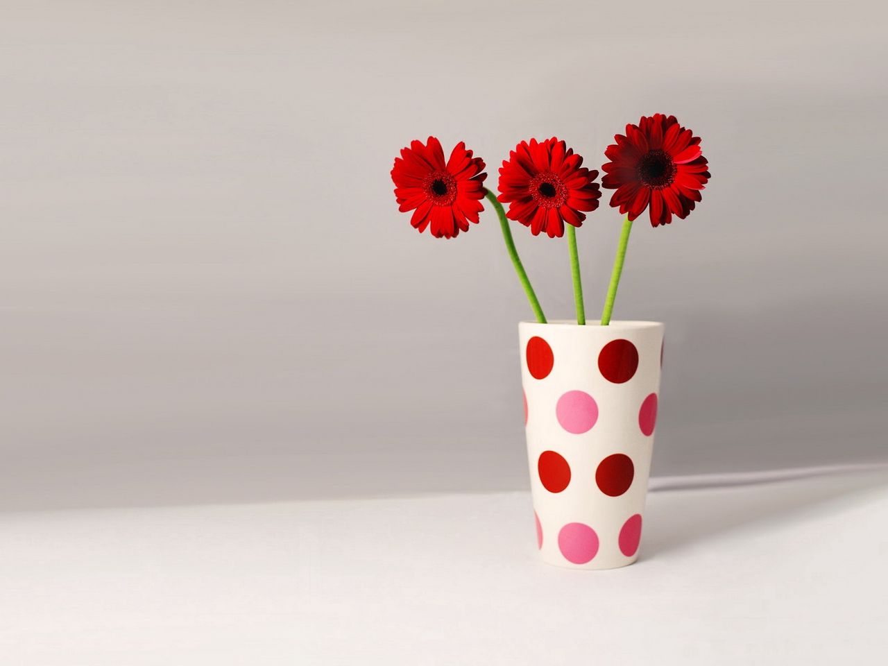 Download wallpaper 1280x960 gerbera, flowers, three, vase, peas standard  4:3 hd background