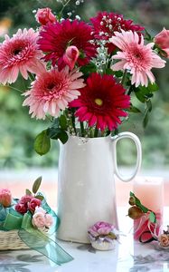 Preview wallpaper gerbera, gypsophila, roses, flowers, pitcher, basket, candle decoration