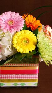 Preview wallpaper gerbera, hydrangea, chrysanthemums, flowers, composition, leaf, design, box