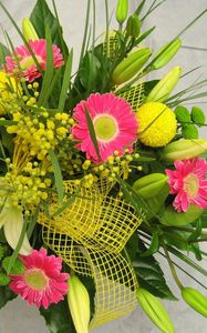 Preview wallpaper gerbera, lily, mimosa, flowers, bouquet, decoration