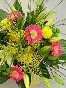 Preview wallpaper gerbera, lily, mimosa, flowers, bouquet, decoration