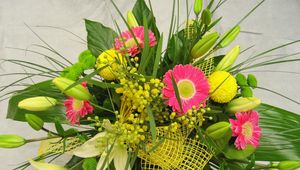 Preview wallpaper gerbera, lily, mimosa, flowers, bouquet, decoration