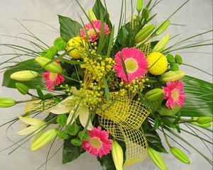 Preview wallpaper gerbera, lily, mimosa, flowers, bouquet, decoration