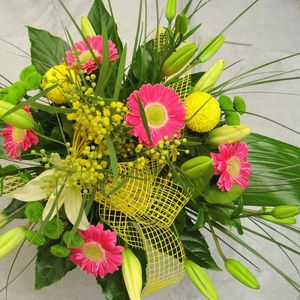 Preview wallpaper gerbera, lily, mimosa, flowers, bouquet, decoration