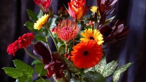Preview wallpaper gerbera, roses, calla lilies, flowers, bouquets, composition, leaves