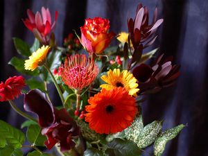 Preview wallpaper gerbera, roses, calla lilies, flowers, bouquets, composition, leaves