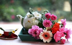 Preview wallpaper gerbera, roses, flowers, tray, tea, cup, table