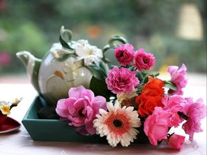 Preview wallpaper gerbera, roses, flowers, tray, tea, cup, table