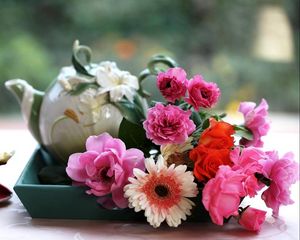 Preview wallpaper gerbera, roses, flowers, tray, tea, cup, table