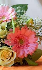 Preview wallpaper gerbera, roses, gypsophila, flowers, bouquet