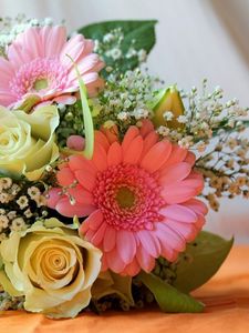 Preview wallpaper gerbera, roses, gypsophila, flowers, bouquet