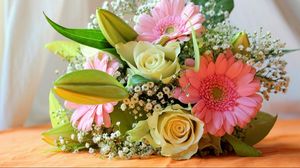 Preview wallpaper gerbera, roses, gypsophila, flowers, bouquet