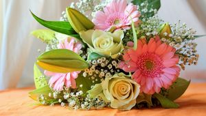 Preview wallpaper gerbera, roses, gypsophila, flowers, bouquet