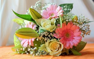 Preview wallpaper gerbera, roses, gypsophila, flowers, bouquet