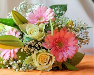 Preview wallpaper gerbera, roses, gypsophila, flowers, bouquet