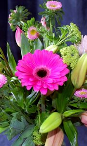 Preview wallpaper gerbera, tulips, flower, buds, bouquet, herb, composition