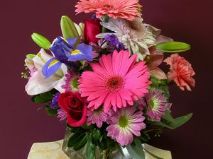 Preview wallpaper gerberas, irises, roses, carnation, bouquet, vase