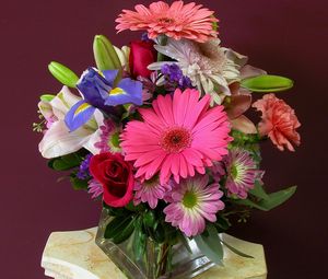 Preview wallpaper gerberas, irises, roses, carnation, bouquet, vase