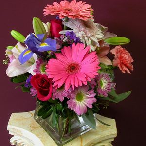 Preview wallpaper gerberas, irises, roses, carnation, bouquet, vase