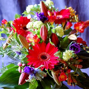 Preview wallpaper gerberas, lilies, buds, freesia, greens, bouquet, composition