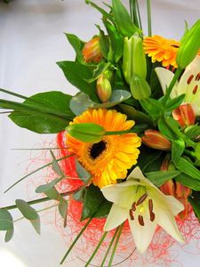 Preview wallpaper gerberas, lilies, flowers, bouquet, decoration