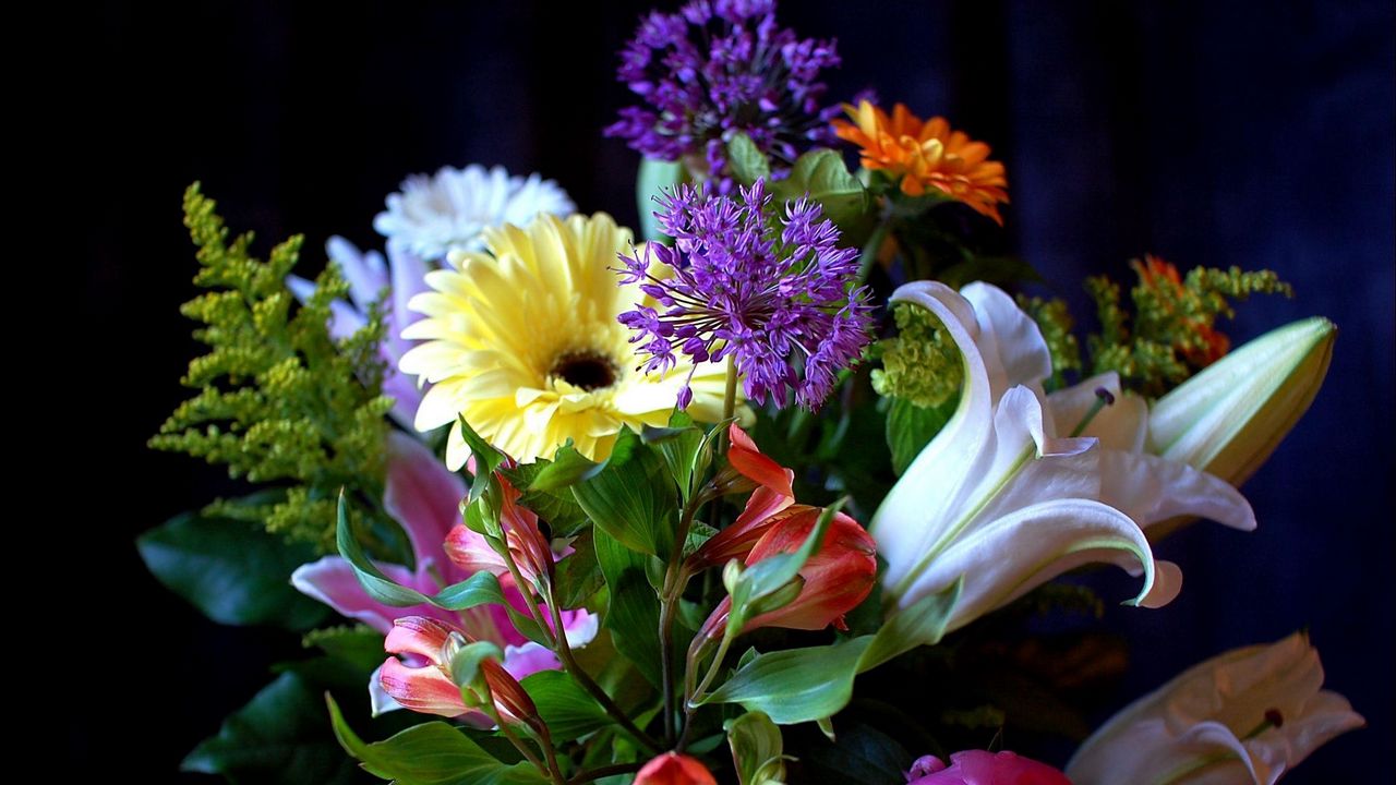 Wallpaper gerberas, lilies, flowers, bouquets, composition, greens hd