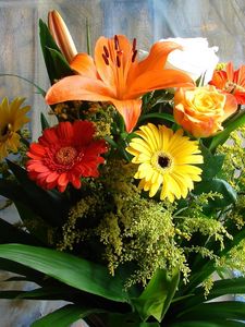 Preview wallpaper gerberas, lilies, roses, flowers, bouquets, composition, picture