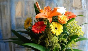 Preview wallpaper gerberas, lilies, roses, flowers, bouquets, composition, picture