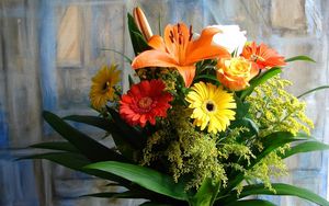 Preview wallpaper gerberas, lilies, roses, flowers, bouquets, composition, picture