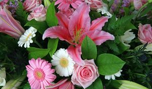 Preview wallpaper gerberas, lilies, roses, flower, leaf