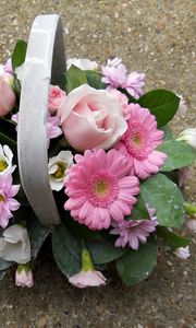 Preview wallpaper gerberas, roses, carnations, flowers, leaves, trash