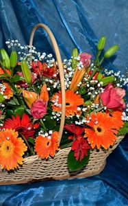 Preview wallpaper gerberas, roses, lilies, gypsophila, basket, composition, fabric