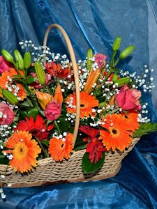 Preview wallpaper gerberas, roses, lilies, gypsophila, basket, composition, fabric