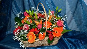 Preview wallpaper gerberas, roses, lilies, gypsophila, basket, composition, fabric