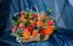 Preview wallpaper gerberas, roses, lilies, gypsophila, basket, composition, fabric