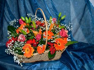 Preview wallpaper gerberas, roses, lilies, gypsophila, basket, composition, fabric