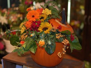 Preview wallpaper gerberas, sunflowers, flowers, berries, flower, pumpkin, composition