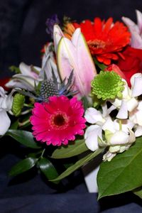 Preview wallpaper gerberas, tulips, chrysanthemums, flowers, bouquets, composition, leaves