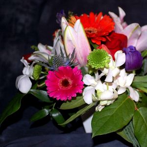 Preview wallpaper gerberas, tulips, chrysanthemums, flowers, bouquets, composition, leaves