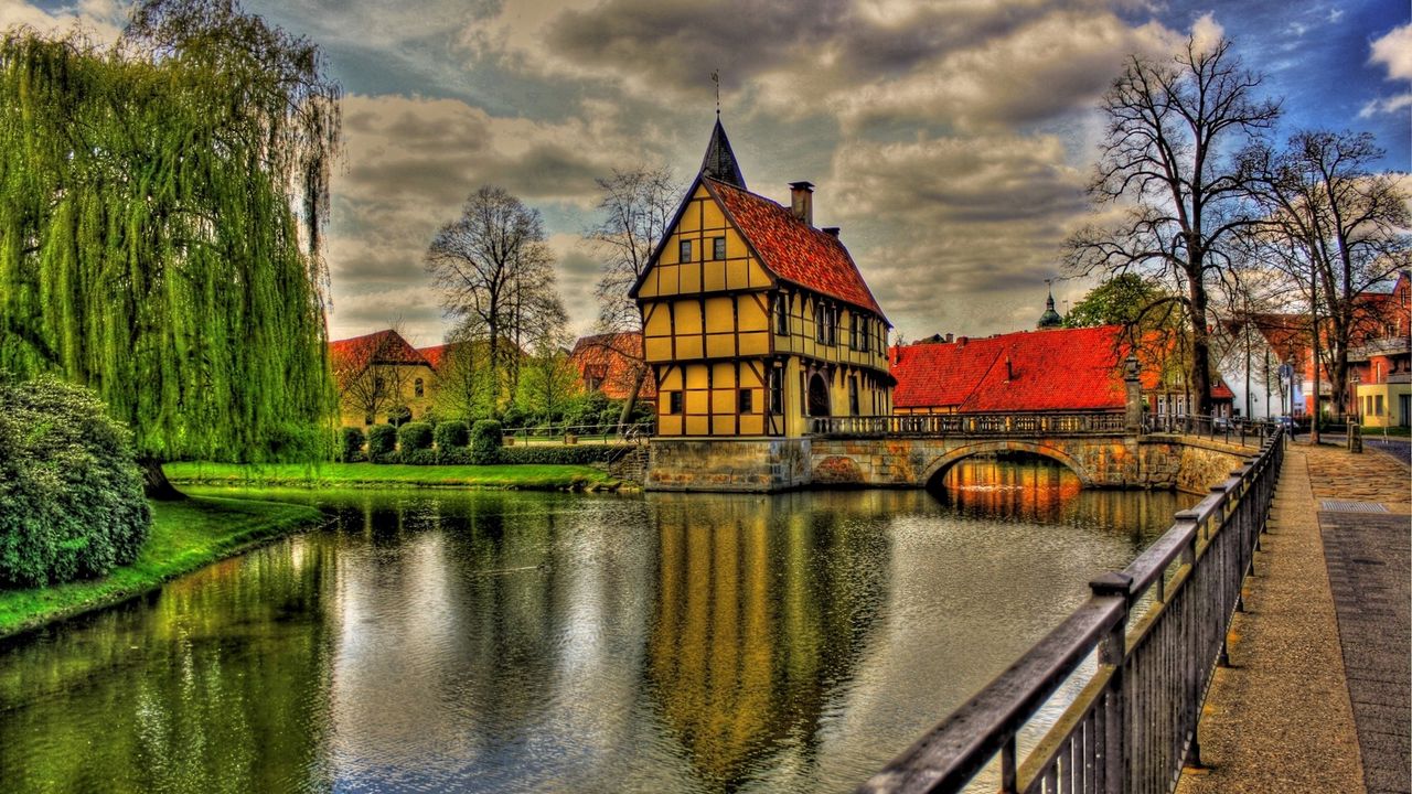 Wallpaper germany, architecture, beauty, bridge, clouds, colorful, colors, grass, green, home, house, reflection, river, road, sky, town, trees, view, water, hdr