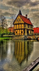 Preview wallpaper germany, architecture, beauty, bridge, clouds, colorful, colors, grass, green, home, house, reflection, river, road, sky, town, trees, view, water, hdr