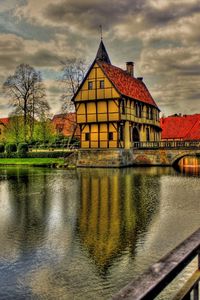 Preview wallpaper germany, architecture, beauty, bridge, clouds, colorful, colors, grass, green, home, house, reflection, river, road, sky, town, trees, view, water, hdr