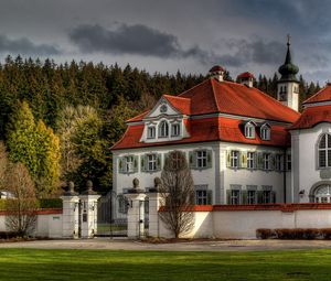 Preview wallpaper germany, leutkirch, city, building, house, fence, forest
