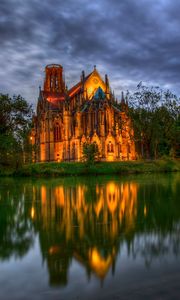 Preview wallpaper germany, park, cathedral, fountain, church, pond, trees