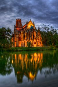 Preview wallpaper germany, park, cathedral, fountain, church, pond, trees