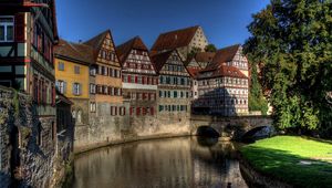 Preview wallpaper germany, schwabisch hall, river, buildings, trees