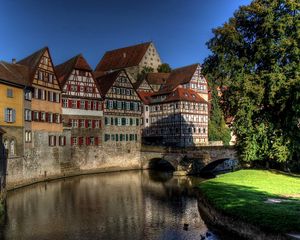 Preview wallpaper germany, schwabisch hall, river, buildings, trees