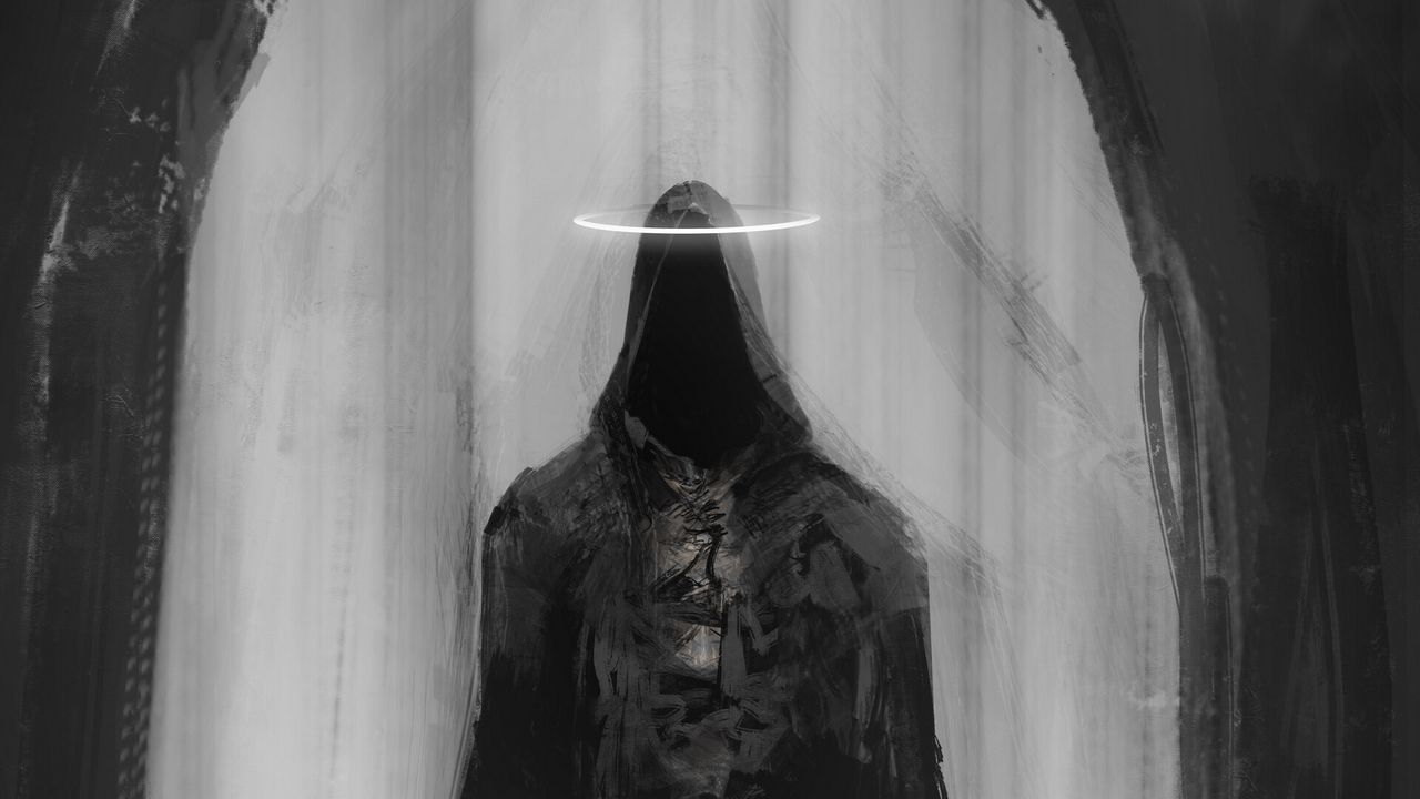 Wallpaper ghost, cloak, halo, arch, art, black and white, scary