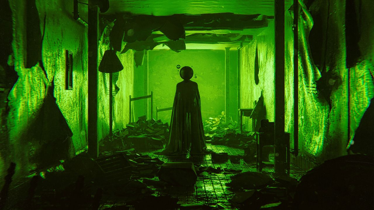 Wallpaper ghost, silhouette, cloak, corridor, green